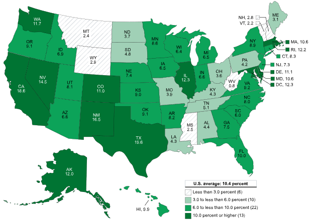 Color coded map of the United States depicting which states have the most need for Cultural responsiveness in the classroom